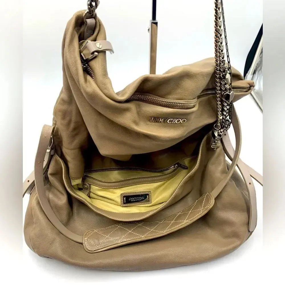 Auth Jimmy Choo Taupe Biker Chain Relaxed Hobo Bag. Excellent Preloved Satchel.
